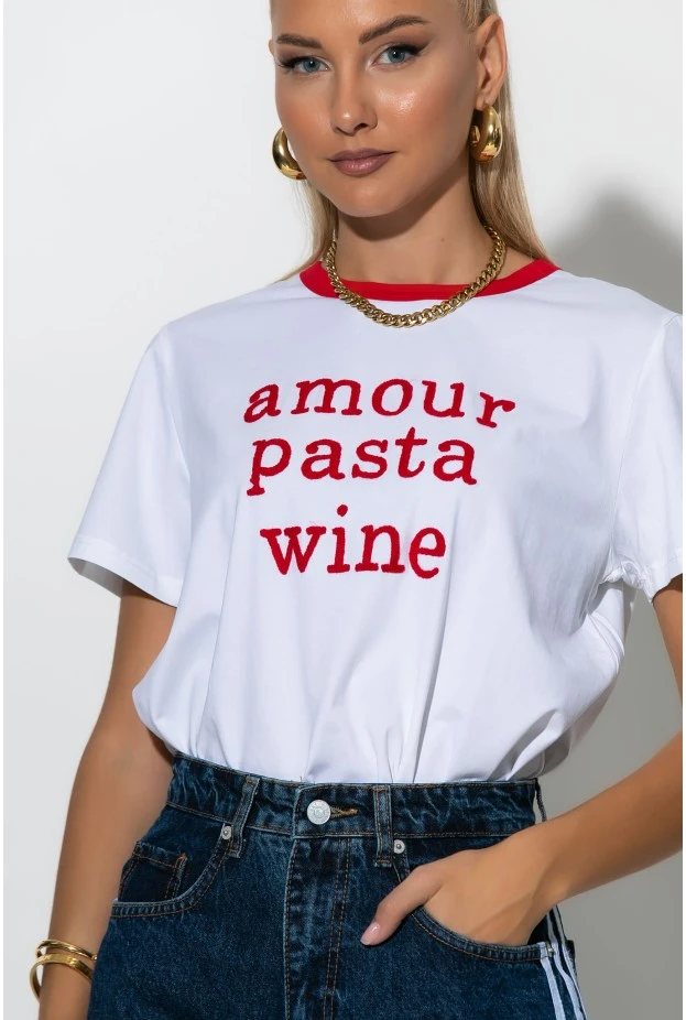 Μπλούζα με patch amour,pasta,wine λευκό-κόκκινο