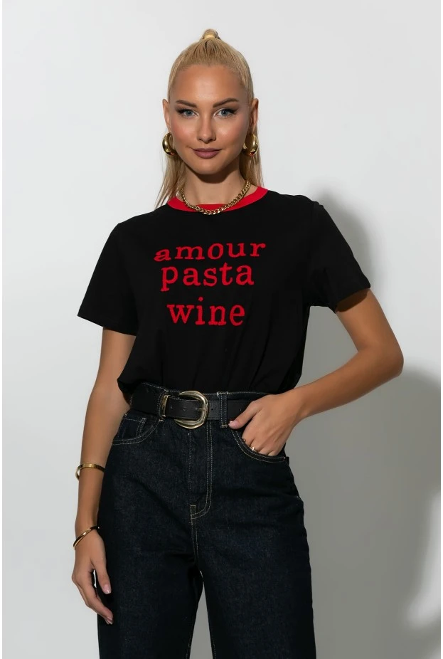 Μπλούζα με patch amour,pasta,wine μαύρο-κόκκινο