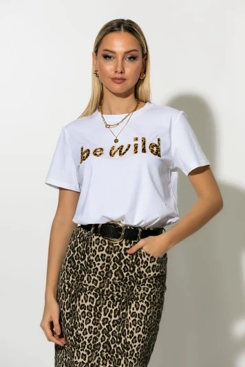 T-shirt με patch leopard be wild λευκό