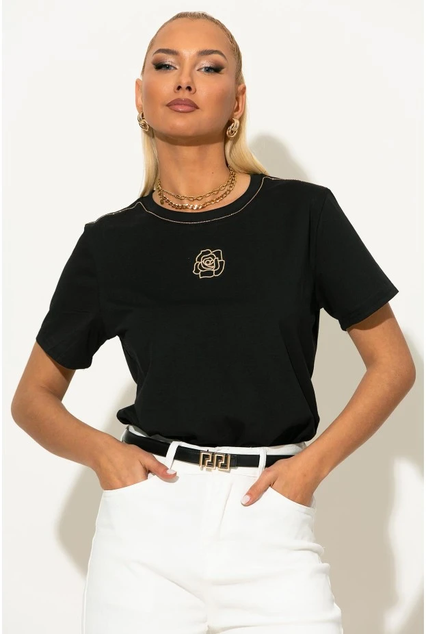 T-shirt με χρυσό κεντητό τριαντάφυλλο μαύρο