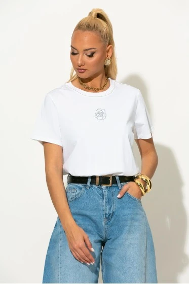T-shirt με ασημί κεντητό τριαντάφυλλο λευκό