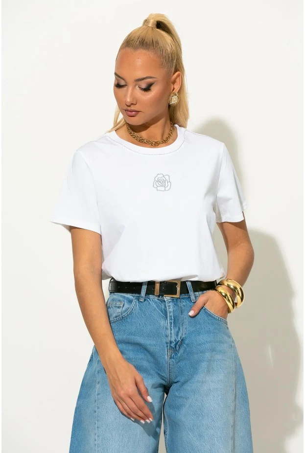 T-shirt με ασημί κεντητό τριαντάφυλλο λευκό