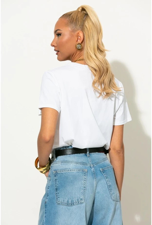 T-shirt με ασημί κεντητό τριαντάφυλλο λευκό