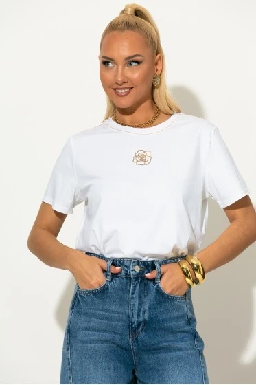 T-shirt με χρυσό κεντητό τριαντάφυλλο λευκό