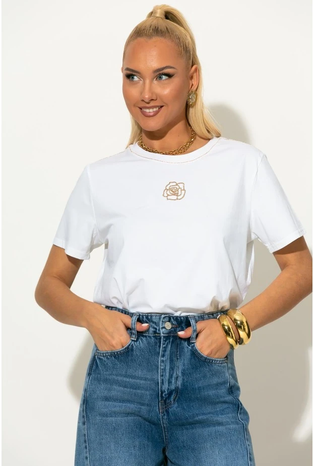 T-shirt με χρυσό κεντητό τριαντάφυλλο λευκό