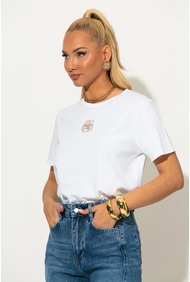 T-shirt με χρυσό κεντητό τριαντάφυλλο λευκό