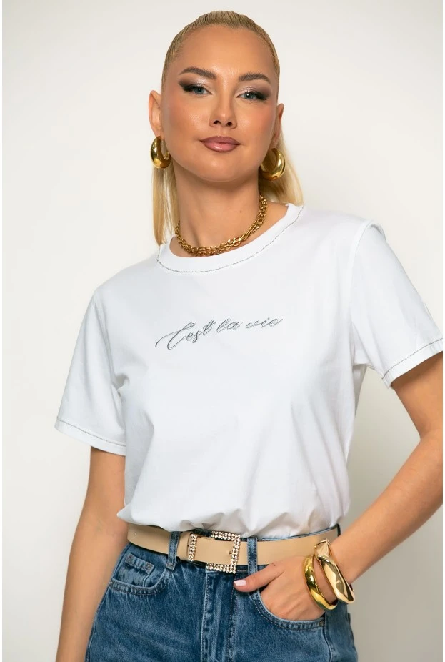 T-shirt με ασημί λεπτομέρειες cest la vie λευκό-ασημί