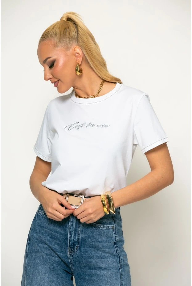T-shirt με ασημί λεπτομέρειες cest la vie λευκό-ασημί