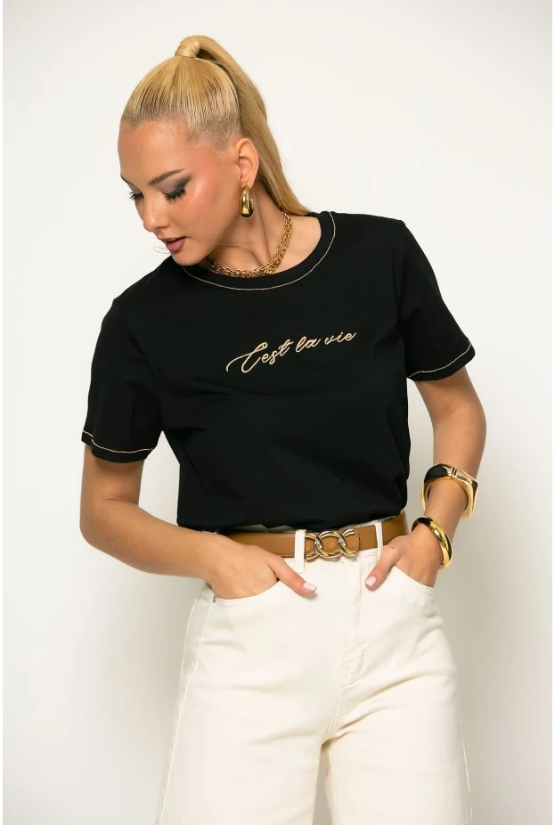 T-shirt με χρυσές λεπτομέρειες cest la vie μαύρο-χρυσό