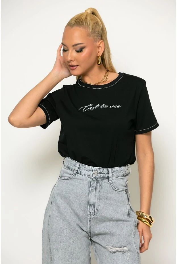 T-shirt με ασημί λεπτομέρειες cest la vie μαύρο-ασημί