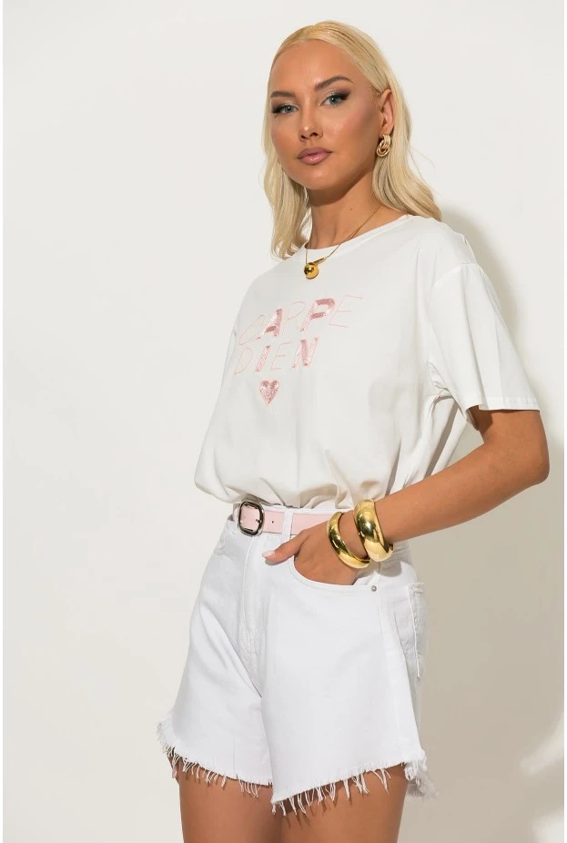 T-shirt με patch carpe diem λευκο-ροζ
