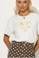 T-shirt με patch carpe diem λευκό-χρυσό