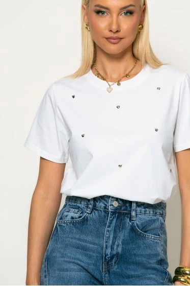 T-shirt με τρούκς καρδιές λευκό-ασημί