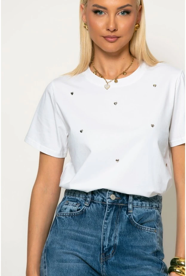 T-shirt με τρούκς καρδιές λευκό-ασημί
