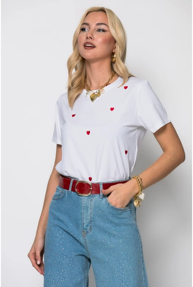 T-shirt κοντομάνικο με καρδούλες λευκό-κόκκινο