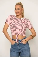 T-shirt ριγέ κοντομάνικο με δέσιμο λευκό-κόκκινο