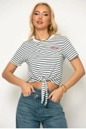 T-shirt ριγέ κοντομάνικο με δέσιμο λευκό-μπλε