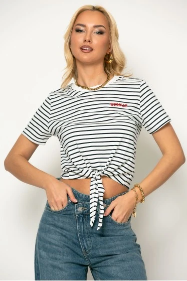 T-shirt ριγέ κοντομάνικο με δέσιμο λευκό-μπλε