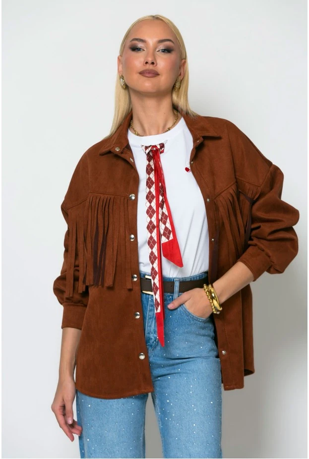 T-shirt με cherry και αποσπώμενο καρό μαντήλι λευκό