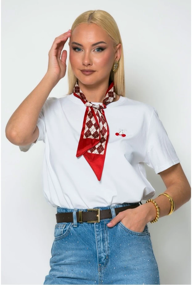 T-shirt με cherry και αποσπώμενο καρό μαντήλι λευκό