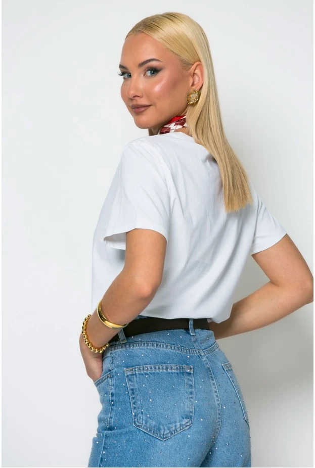 T-shirt με cherry και αποσπώμενο καρό μαντήλι λευκό
