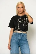T-shirt με flower κέντημα μαύρο-μπεζ