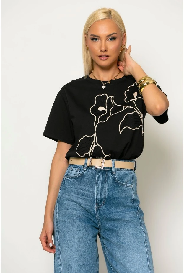 T-shirt με flower κέντημα μαύρο-μπεζ