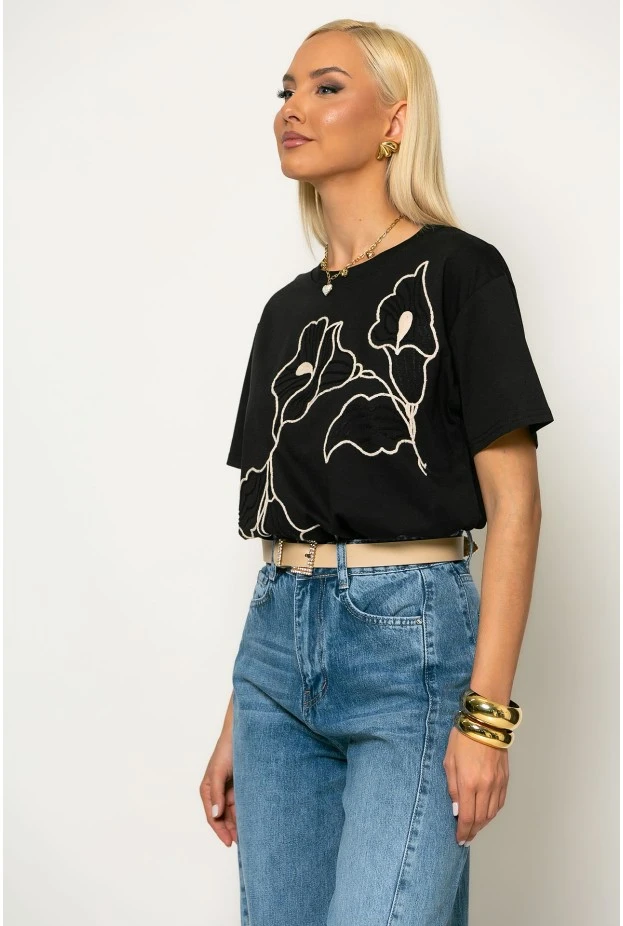T-shirt με flower κέντημα μαύρο-μπεζ