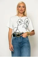 T-shirt με flower κέντημα λευκό-μπλε