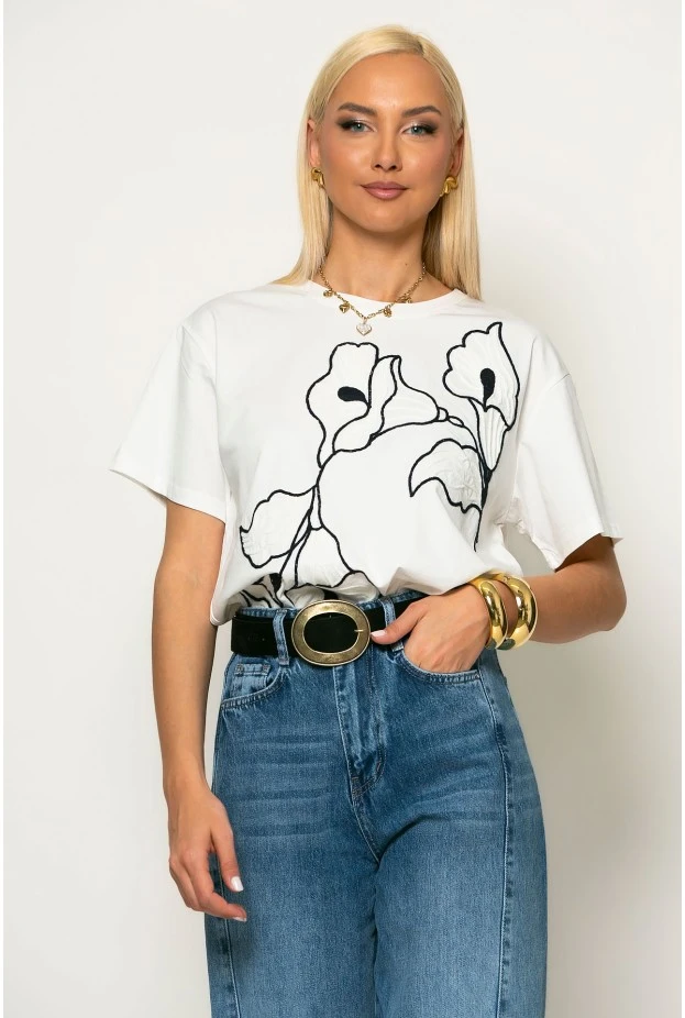 T-shirt με flower κέντημα λευκό-μπλε