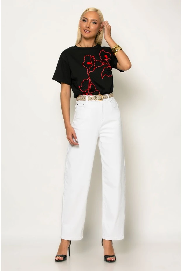 T-shirt με flower κέντημα μαύρο-κόκκινο