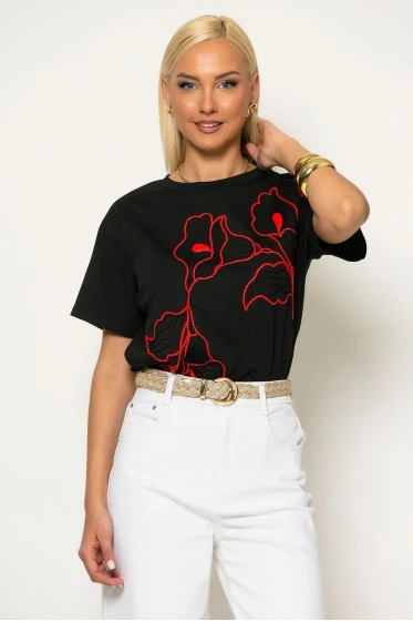 T-shirt με flower κέντημα μαύρο-κόκκινο