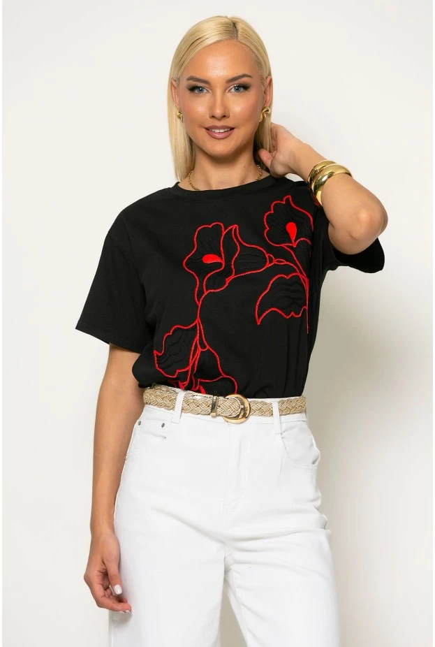 T-shirt με flower κέντημα μαύρο-κόκκινο