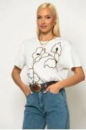 T-shirt με flower κέντημα λευκό-καφέ