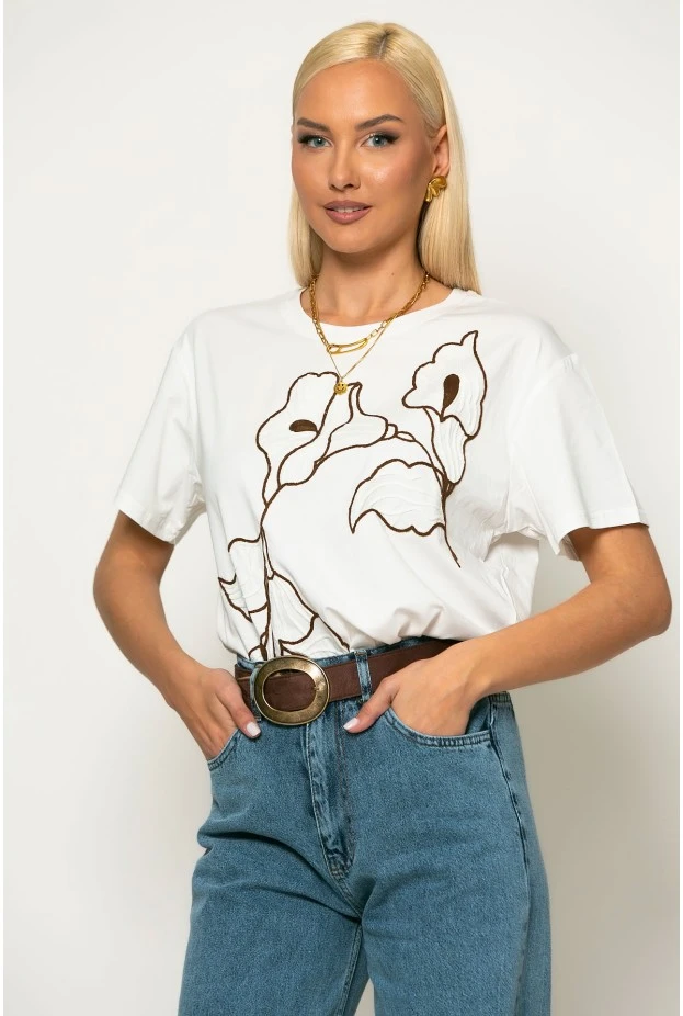 T-shirt με flower κέντημα λευκό-καφέ
