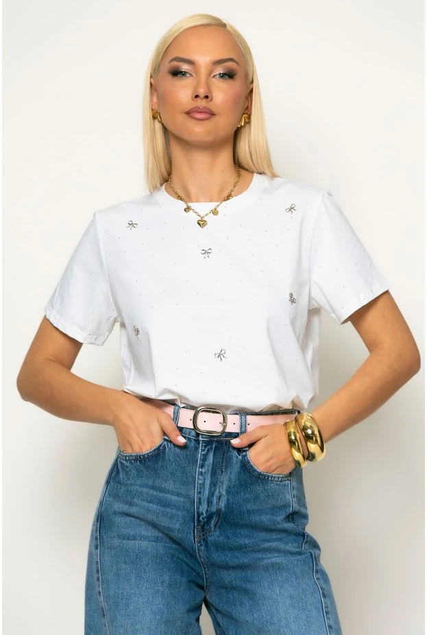 T-shirt με μεταλλικά φιογκάκια και στρας λευκο