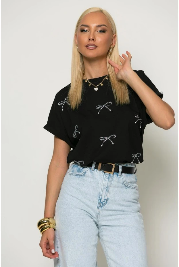 T-shirt με φιογκάκια από στράς μαύρο