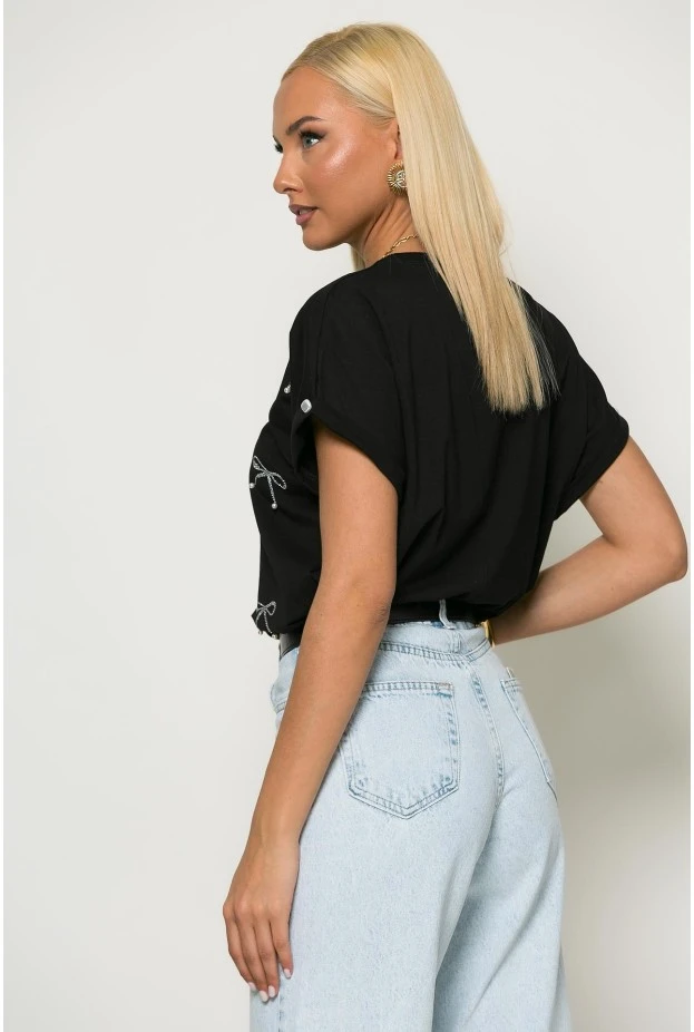 T-shirt με φιογκάκια από στράς μαύρο