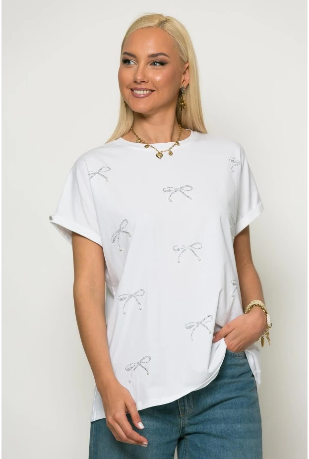 T-shirt με φιογκάκια από στράς λευκό