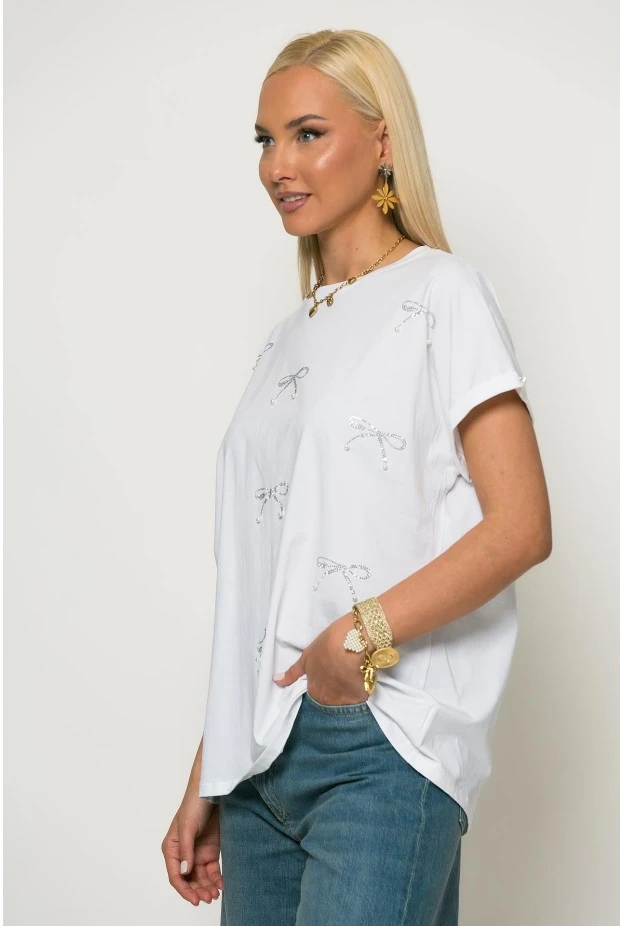 T-shirt με φιογκάκια από στράς λευκό