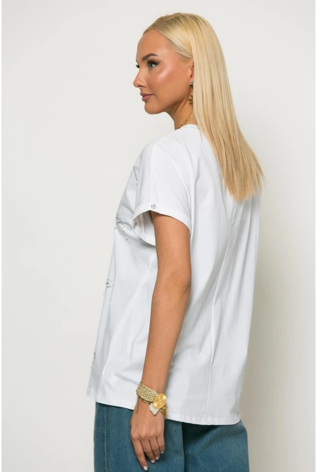 T-shirt με φιογκάκια από στράς λευκό