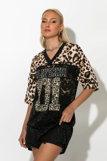 Μπλούζα δαντέλα με στάμπα california leopard print μπεζ 
