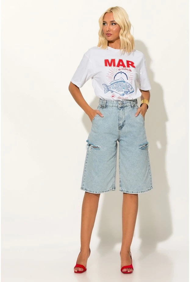 T-shirt με στάμπα fish mar και στρας λευκό