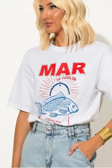 T-shirt με στάμπα fish mar και στρας λευκό