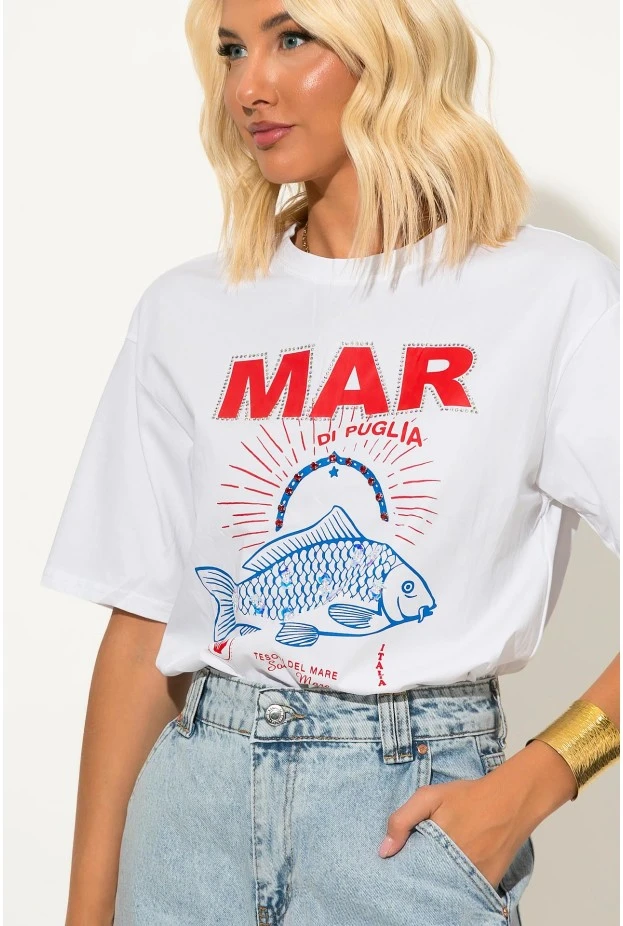 T-shirt με στάμπα fish mar και στρας λευκό