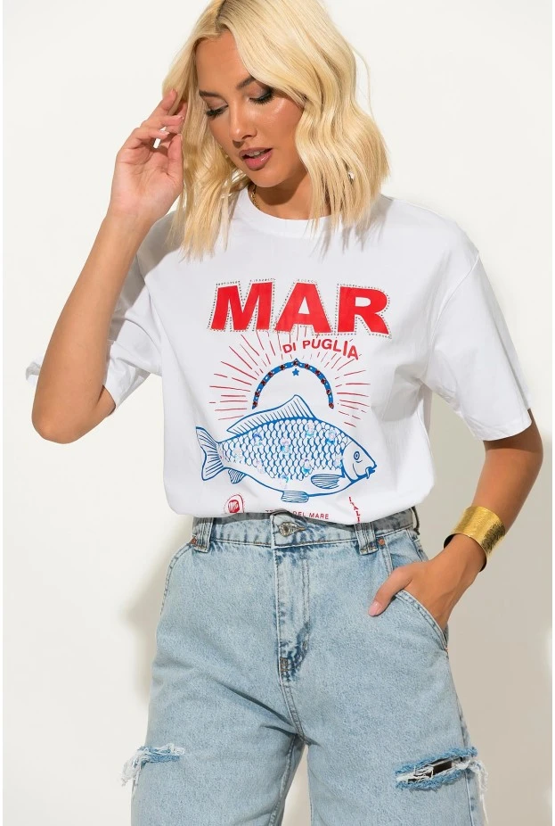 T-shirt με στάμπα fish mar και στρας λευκό