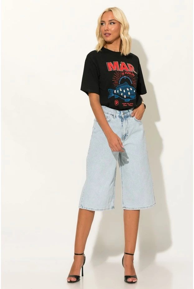 T-shirt με στάμπα fish mar και στρας μαύρο