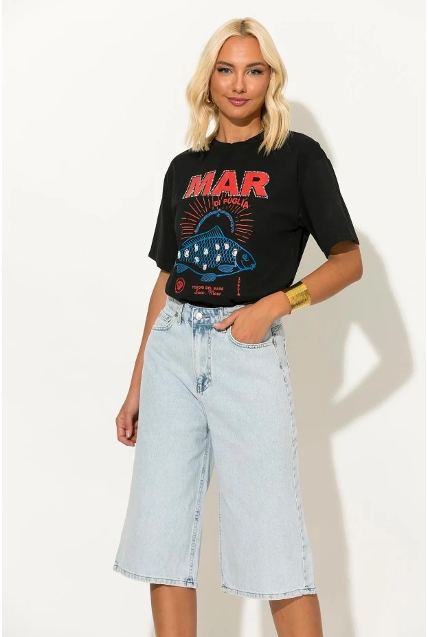 T-shirt με στάμπα fish mar και στρας μαύρο