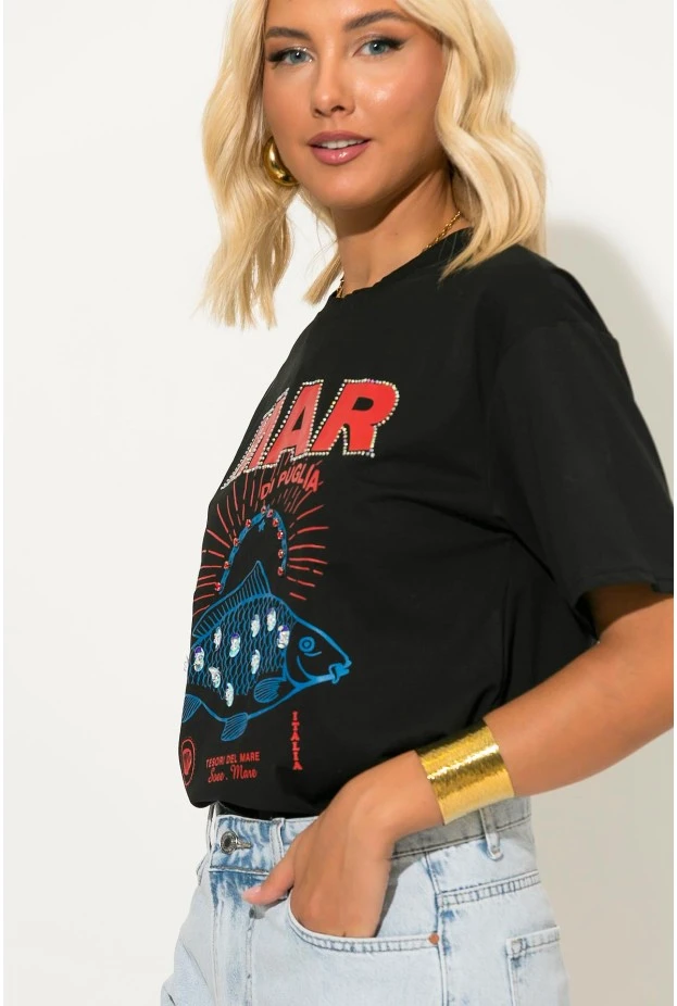 T-shirt με στάμπα fish mar και στρας μαύρο