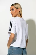 Cropped T-shirt με στάμπα saturday και ρίγες στα μανίκια λευκό